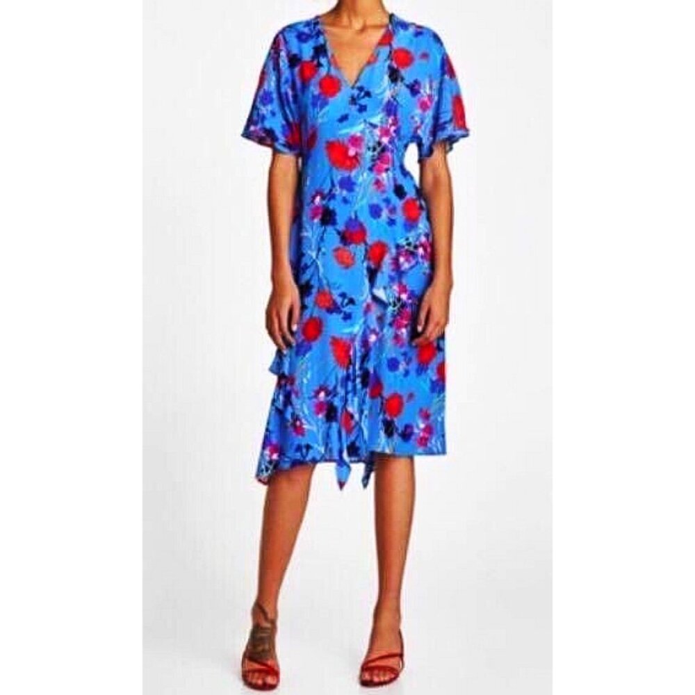 Zara Printed Dress With Frills V-Neck Flutter Sleeves Floral Ruffle Midi A-Line
